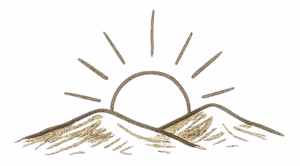 Sehende Sonne, Berge und Horizont, symbolisiert Energiearbeit und Transformation.